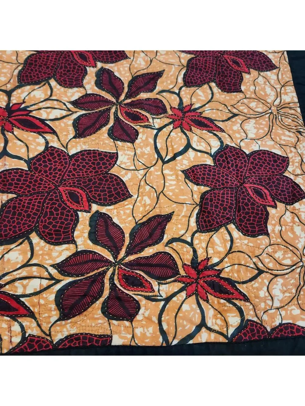 Beautiful Handmade Floral Quilt Maroon Floral Embroidery Black Yellow Leaves